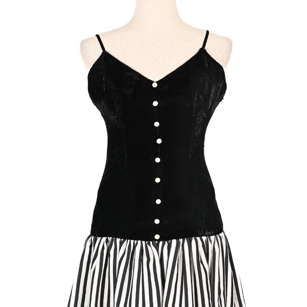 Vintage 80s Black Velvet Satin Striped Drop Waist Sleeveless Dress